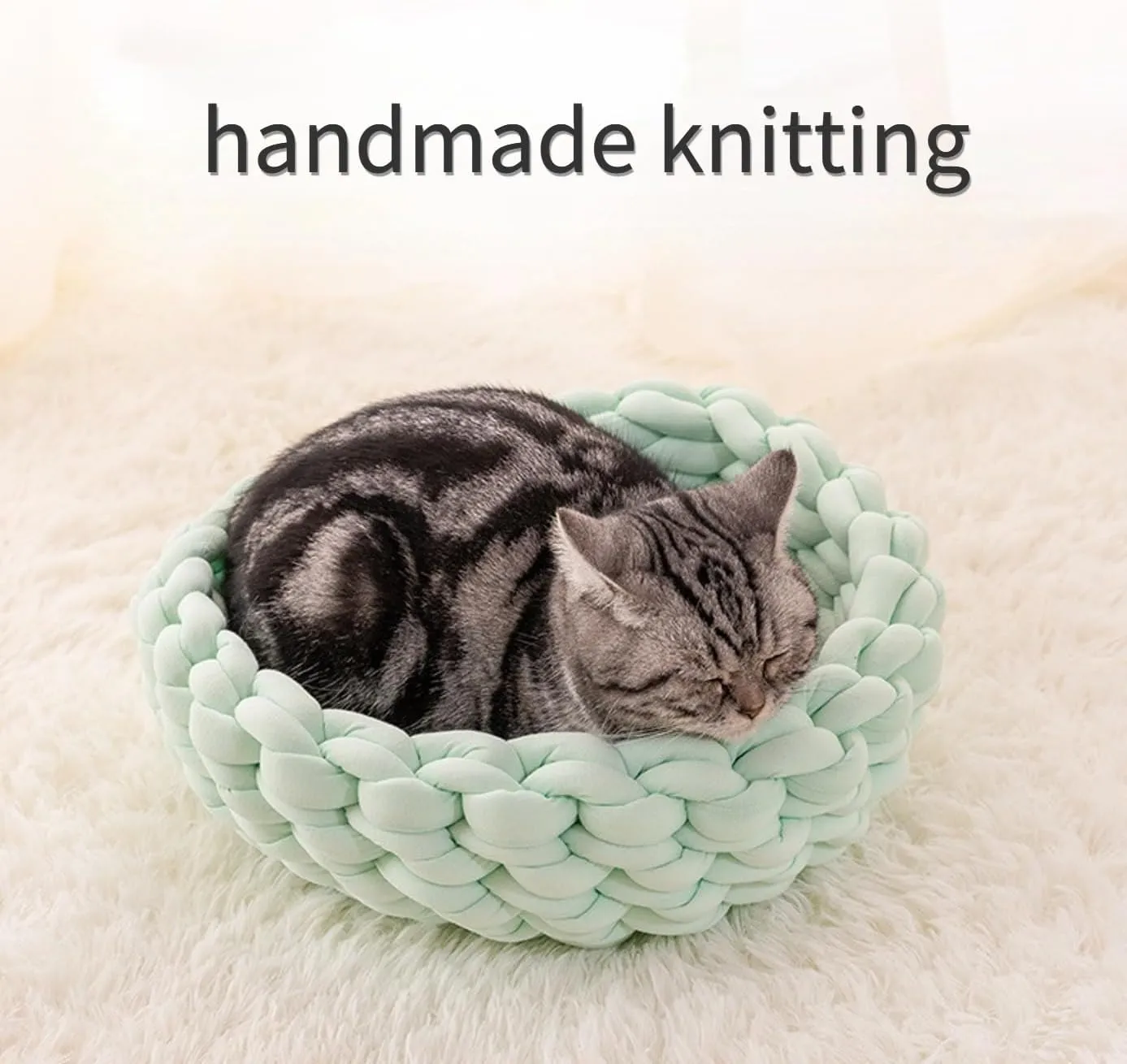 Knitted Cotton Cat Bed Round Washable Woven Cat Pet Bed for Puppy Kitten with Coarse Wool (Dark Gray,Dia. 11.8 inches)