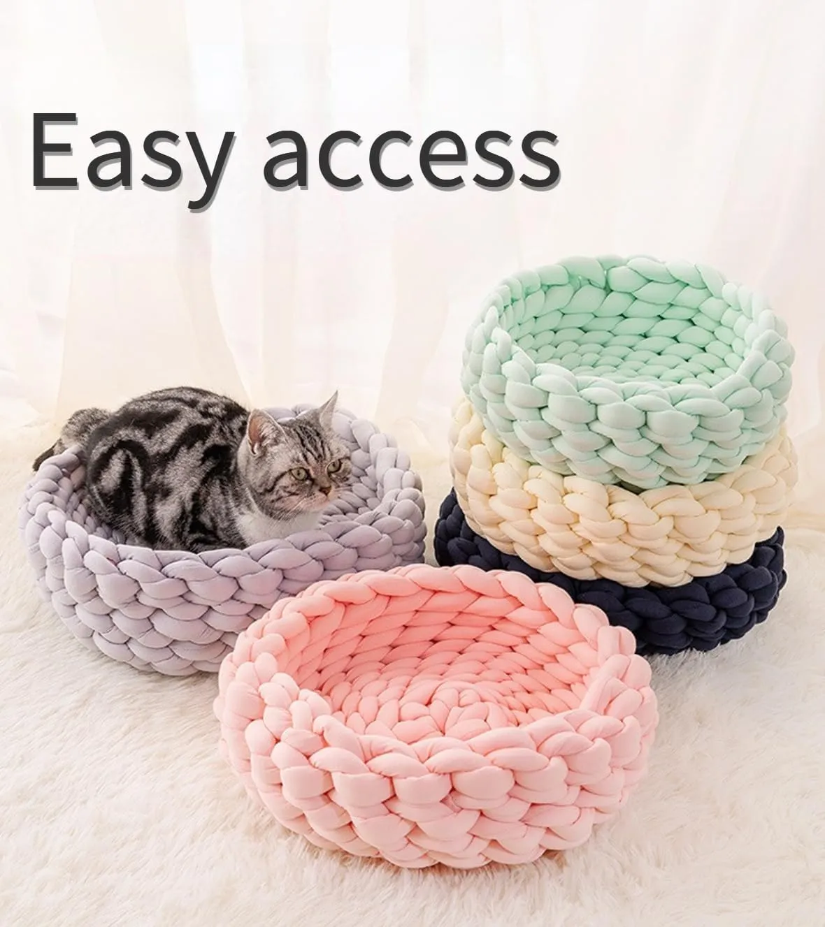 Knitted Cotton Cat Bed Round Washable Woven Cat Pet Bed for Puppy Kitten with Coarse Wool (Dark Gray,Dia. 11.8 inches)