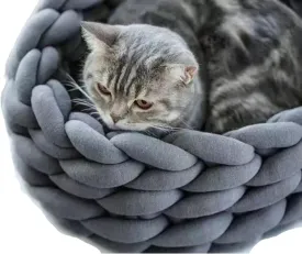 Knitted Cotton Cat Bed Round Washable Woven Cat Pet Bed for Puppy Kitten with Coarse Wool (Dark Gray,Dia. 11.8 inches)