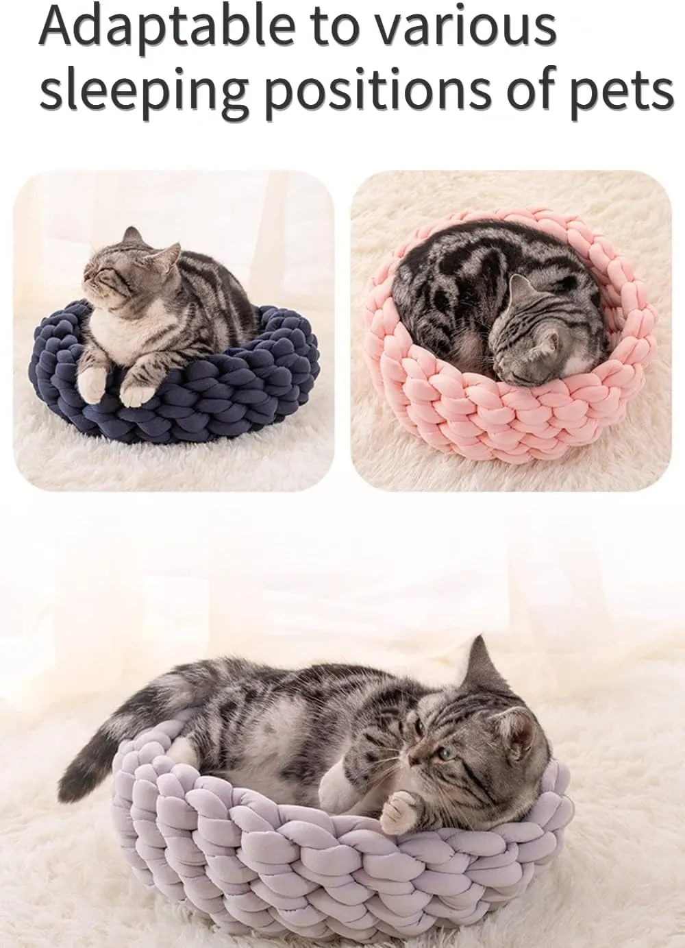 Knitted Cotton Cat Bed Round Washable Woven Cat Pet Bed for Puppy Kitten with Coarse Wool (Dark Gray,Dia. 11.8 inches)