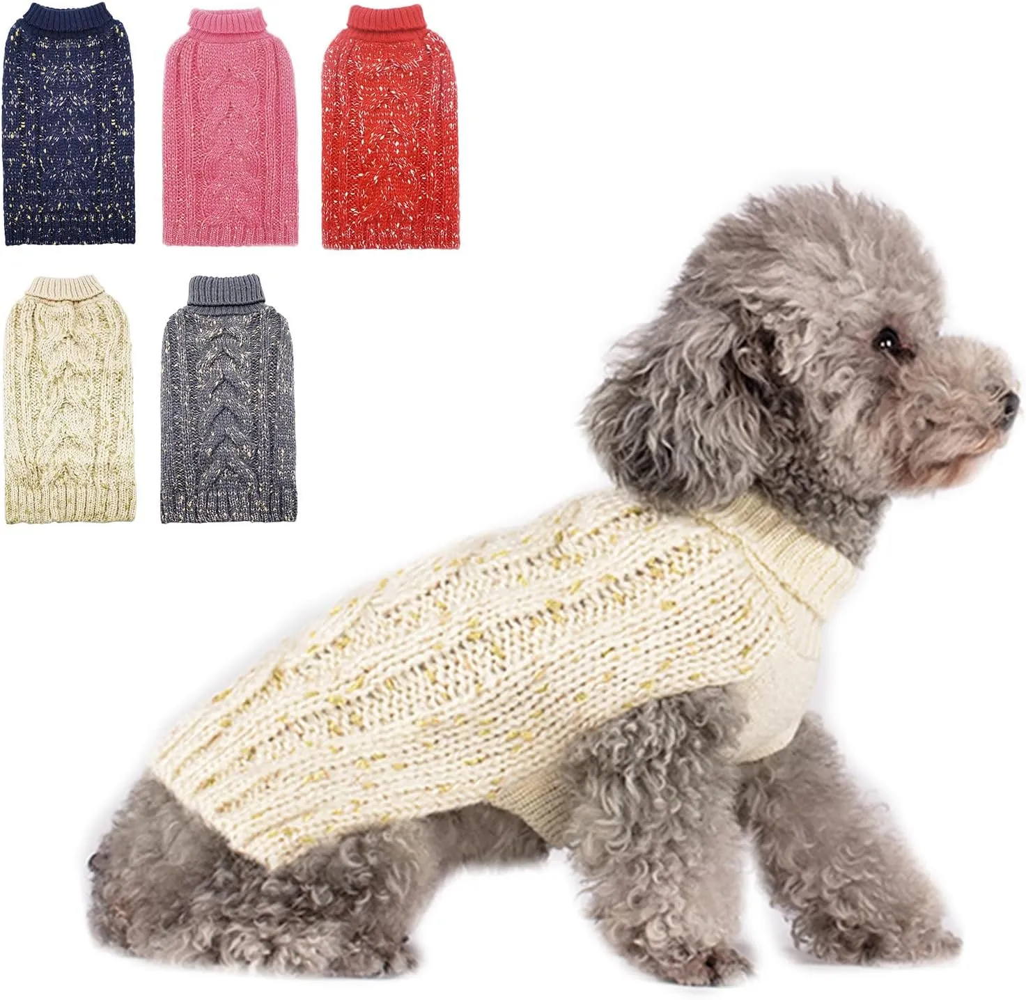 KYEESE Dog Sweater - Winter Dog Clothes Pullover Warm Coat Turtleneck Knitwear with Golden Yarn, Beige, Small