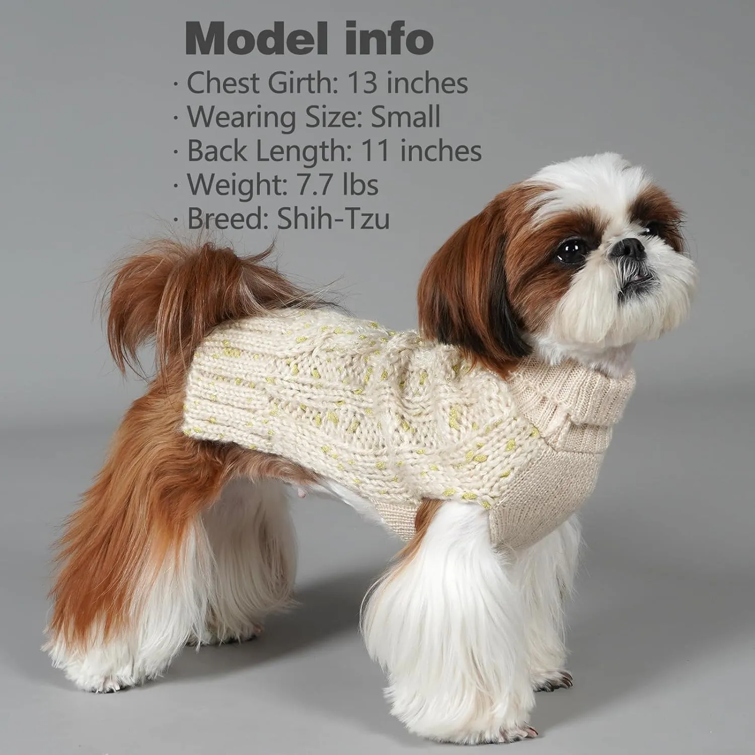 KYEESE Dog Sweater - Winter Dog Clothes Pullover Warm Coat Turtleneck Knitwear with Golden Yarn, Beige, Small