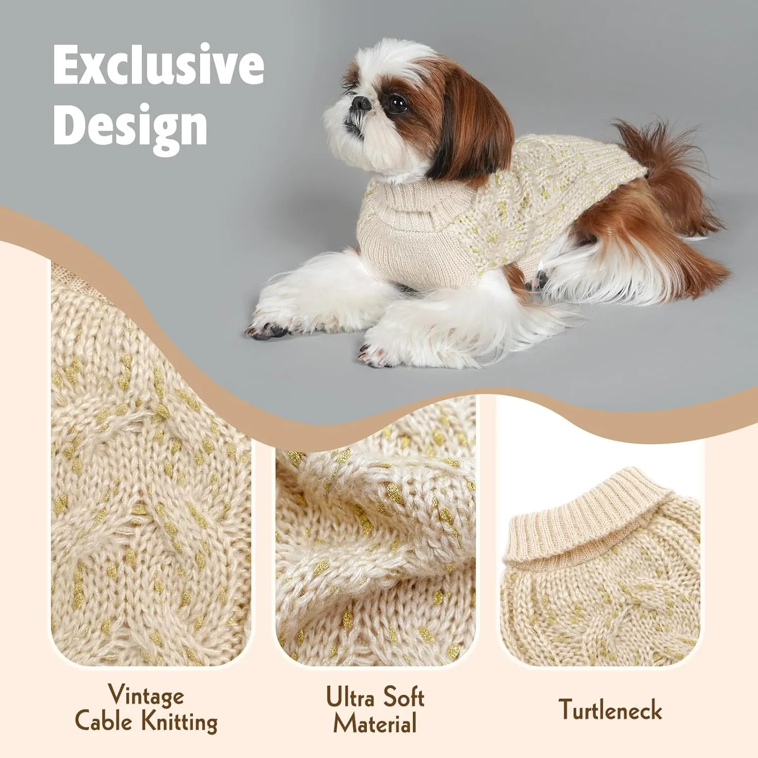 KYEESE Dog Sweater - Winter Dog Clothes Pullover Warm Coat Turtleneck Knitwear with Golden Yarn, Beige, Small