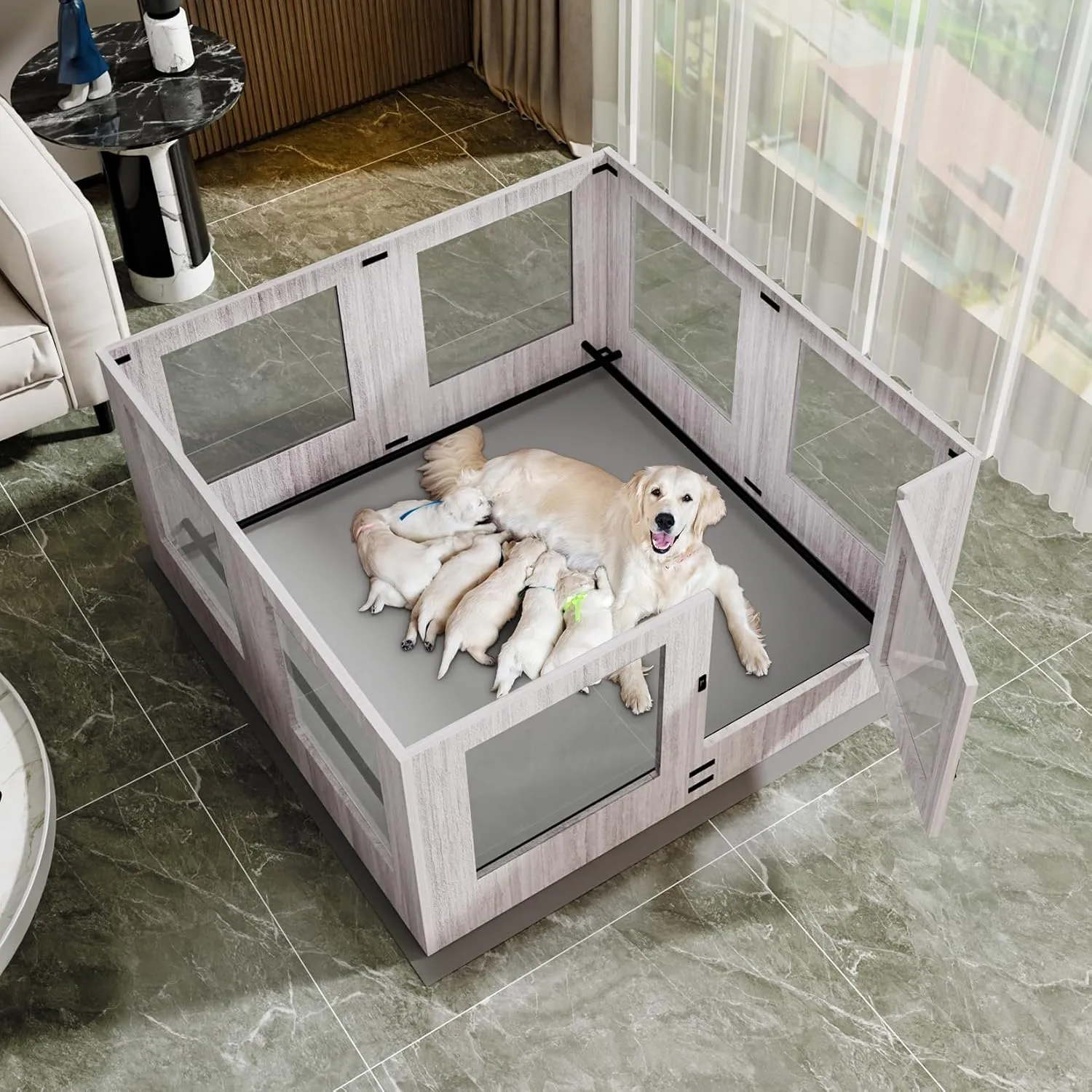 Large Dog Whelping Box Playpen: Indoor Pet Giving Birth Box Cage with Safety Rail and Waterproof Fertility Pad - 24 Tall Wooden Puppy Exercise Play Pen with Clear Acrylic Window for Small Medium Dogs