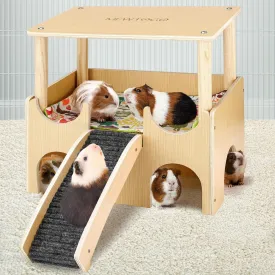 Large Wooden Guinea Pig Hideout - 2 Tierd Sturdy Guinea Pig House Castle, Small Animal Bed with Stairs, Easy to Install for Hamsters Chinchillas Bunny Playing Hiding
