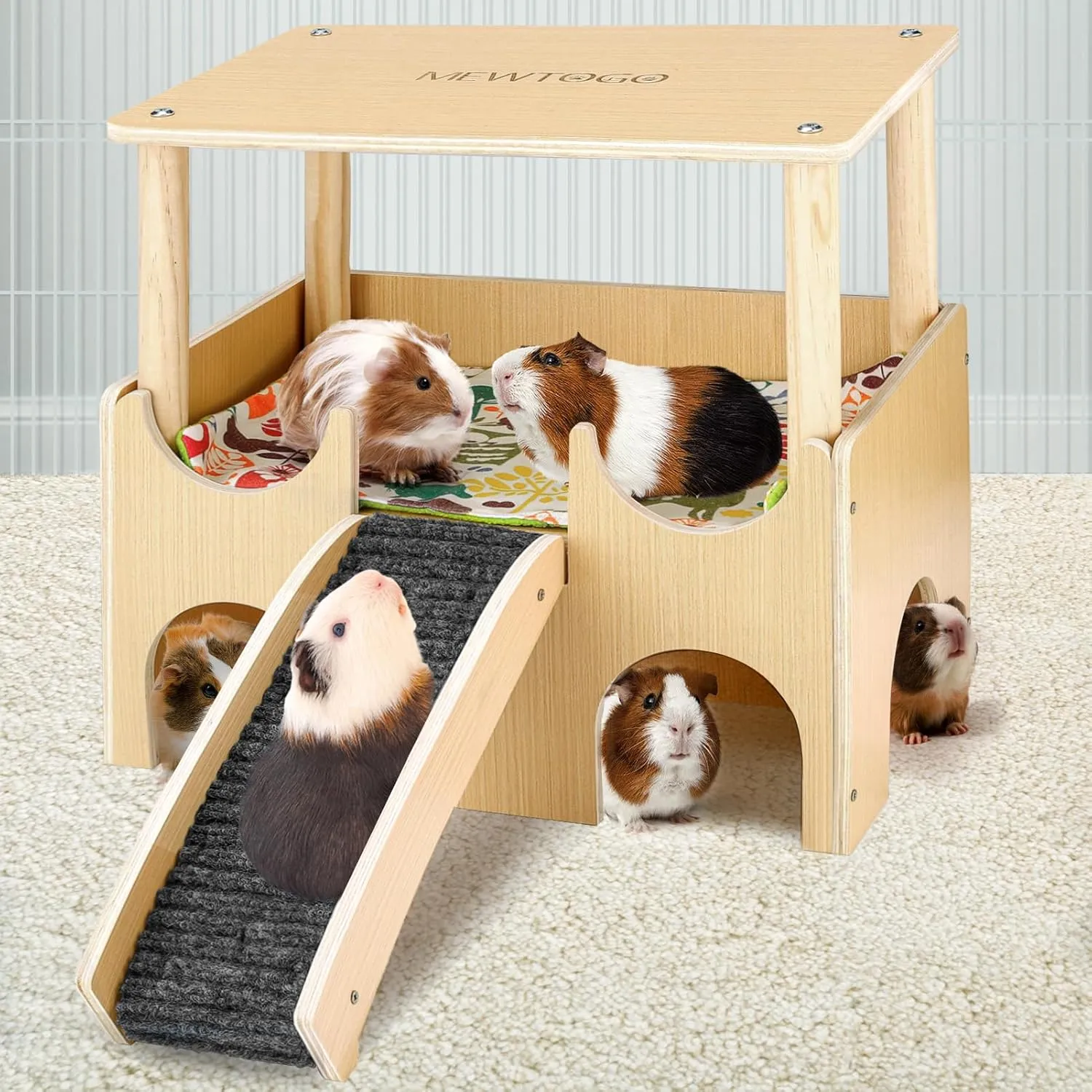 Large Wooden Guinea Pig Hideout - 2 Tierd Sturdy Guinea Pig House Castle, Small Animal Bed with Stairs, Easy to Install for Hamsters Chinchillas Bunny Playing Hiding