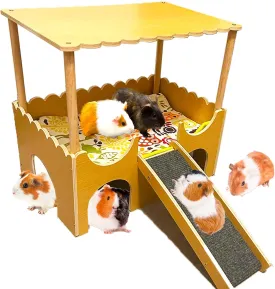 Large Wooden Guinea Pig Hideout House 2 Tierd Guinea Pig Castle with Stairs and Mats Sturdy Wood House Bed Hut Habitats Chinchilla Hamster Toy Bunny Play Hiding Small Animal Bed with Stairs 2 Layers