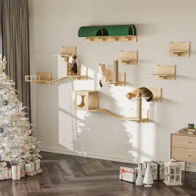 LEMBERI Cat Wall Shelves, 16 Pcs Set Wall Mounted Cat Shelves with Bed, House, Steps, Bridge Ladder, Tunnel and Scratching Post for Indoor Climbing, Sleeping, Playing