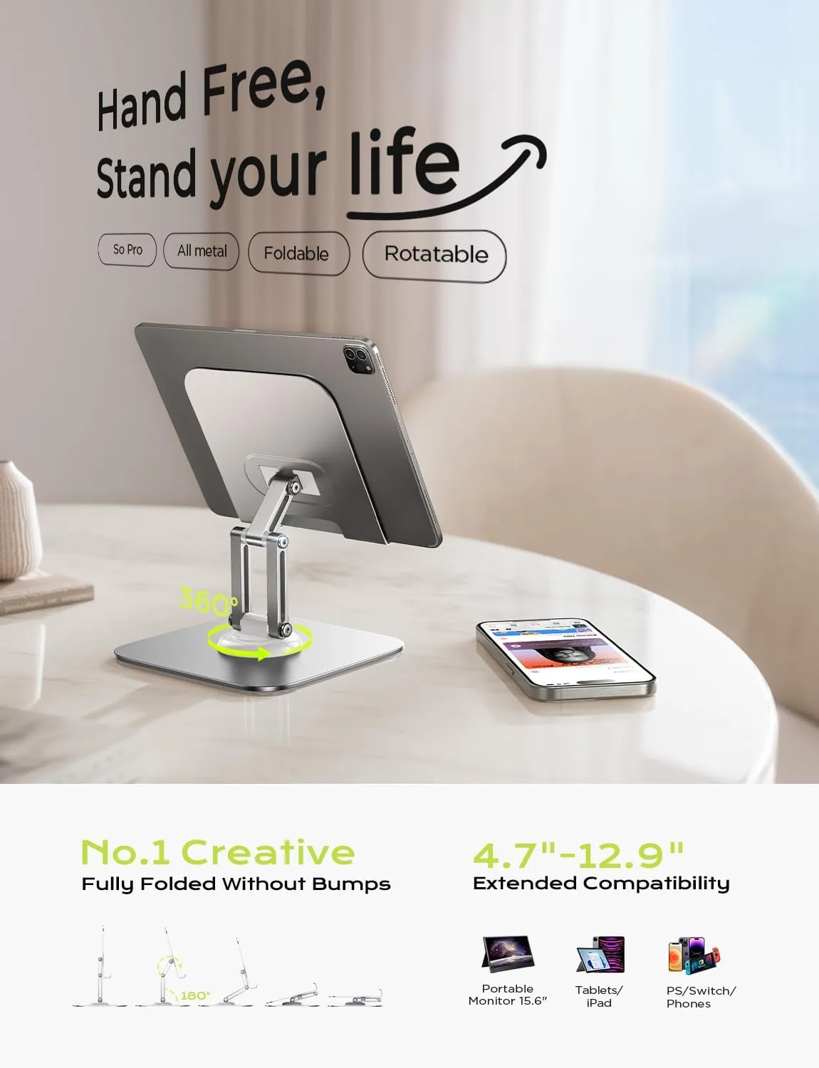 LISEN for iPad Stand Holder Adjustable Tablet Stand for Desk, 2025 for iPad Accessories for Computer Accessories Holder for Desk Kindle Table Mount/Monitor/PS/Switch iPhone 12.9"-4.7" (Sliver)