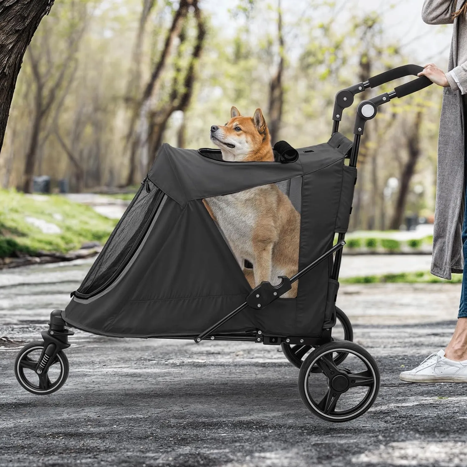 MoNiBloom Pet Stroller for Large Dogs or Multiple Dogs Cats with Adjustable Handle, 3-Wheels Dual Entry Portable Dog Carting Easy Folding Pet Wagon Double Dog Stroller up to 55 lbs, Black