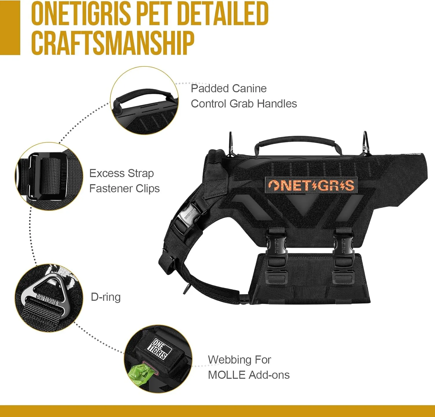 OneTigris X-Armor Tactical Dog Harness MOLLE Vest with Metal Buckles, No-Pull No-Escape No-Slippage Design for Medium, Large & Size XL Dogs -Black M