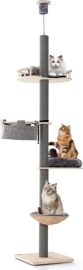 PETSITE Floor to Ceiling Cat Tree with 93-107 Adjustable Height, 5-Tier Wooden Cat Climbing Pole with Scratching Post, Cozy Hammock and Basket Bed, Floor to Ceiling Cat Tower