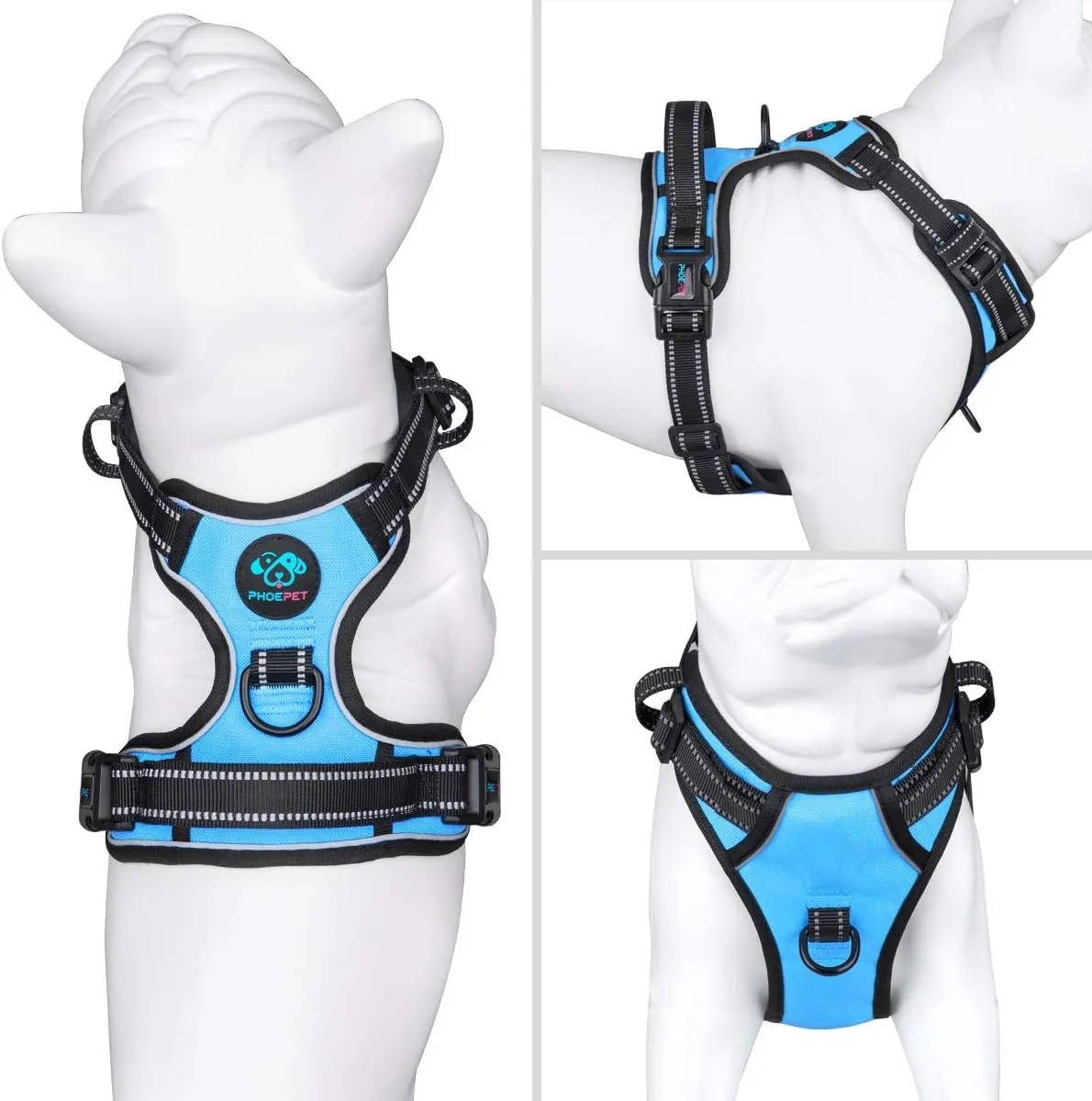 PHOEPET No Pull Dog Harness Medium Reflective Front Clip Puppy Vest with Handle,Adjustable 2 Metal Leash Attachment Hooks(M, Blue)