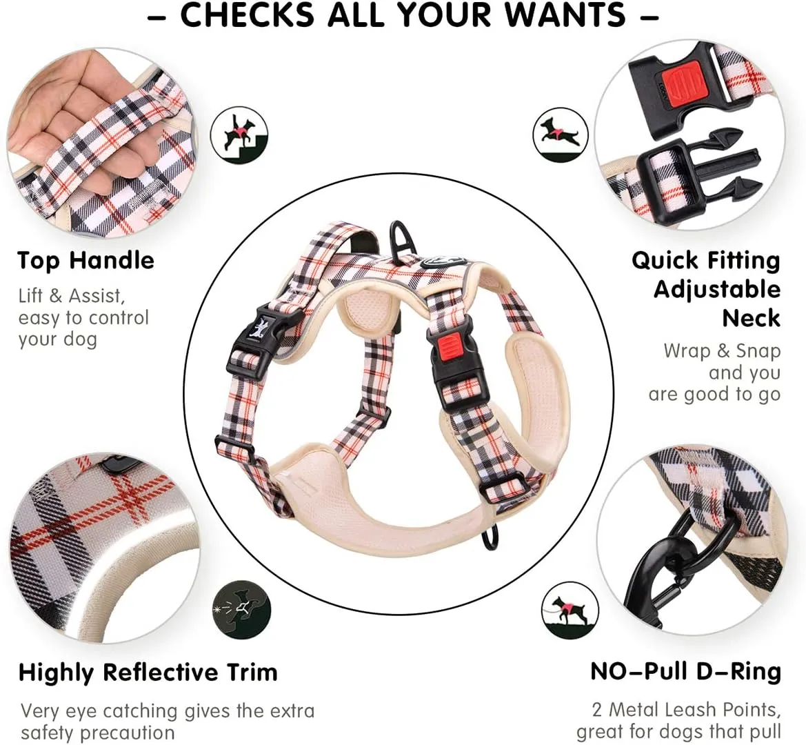 PoyPet Plaid Dog Harness, No Pull Front Clip Pet Vest Harness, Soft Padded Reflective Adjustable Walking Harness with Handle for Large Dogs(Checkered Beige,L)