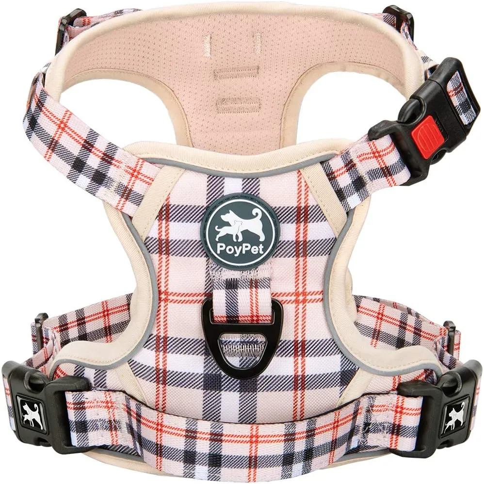 PoyPet Plaid Dog Harness, No Pull Front Clip Pet Vest Harness, Soft Padded Reflective Adjustable Walking Harness with Handle for Large Dogs(Checkered Beige,L)