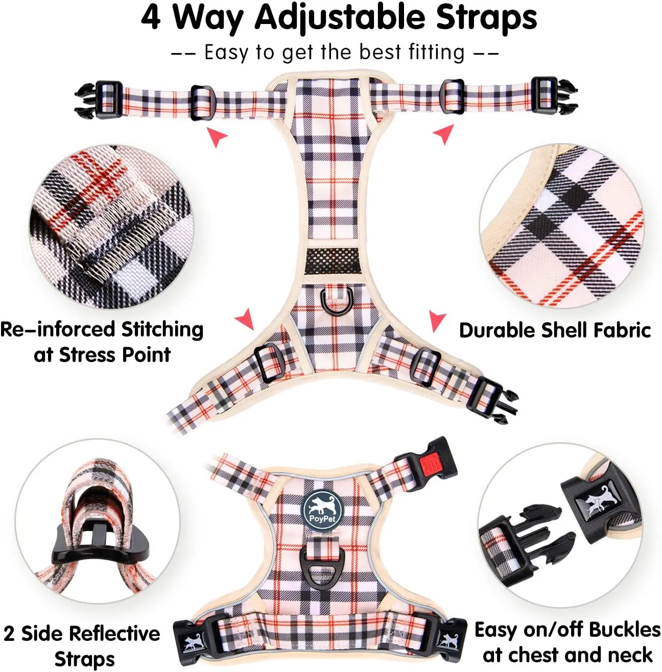 PoyPet Plaid Dog Harness, No Pull Front Clip Pet Vest Harness, Soft Padded Reflective Adjustable Walking Harness with Handle for Large Dogs(Checkered Beige,L)