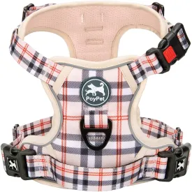 PoyPet Plaid Dog Harness, No Pull Front Clip Pet Vest Harness, Soft Padded Reflective Adjustable Walking Harness with Handle for Large Dogs(Checkered Beige,L)