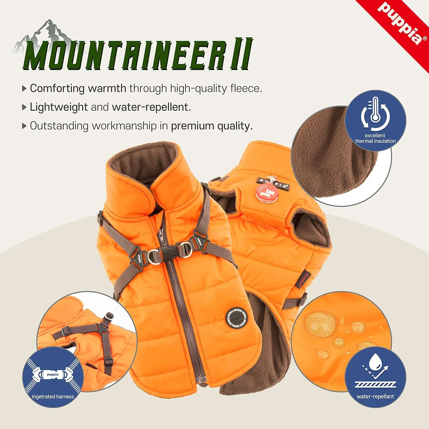 Puppia Mountaineer Winter Dog Coat with integrated harness No Pull Cold Weather Waterproof Warm Fleece Back Zipper for Small & Medium Dog, PINK, Small