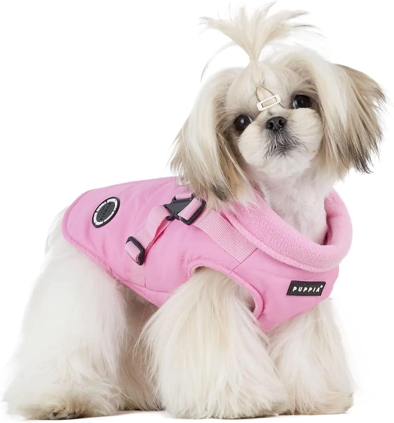 Puppia Mountaineer Winter Dog Coat with integrated harness No Pull Cold Weather Waterproof Warm Fleece Back Zipper for Small & Medium Dog, PINK, Small