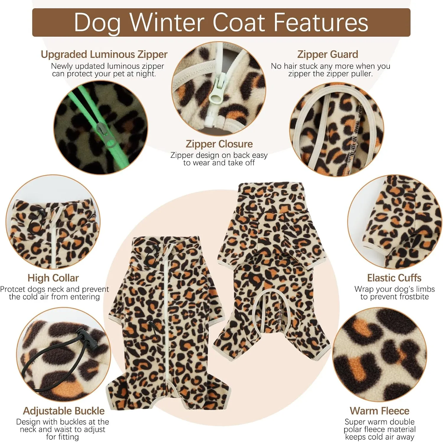 ROZKITCH Dog Winter Coat Soft Fleece Pullover Pajamas, Pet Windproof Warm Cold Weather Jacket Vest with Luminous Zipper, Jumpsuit Apparel Outfit Clothes for Small Medium Large Dog Brown 2XS