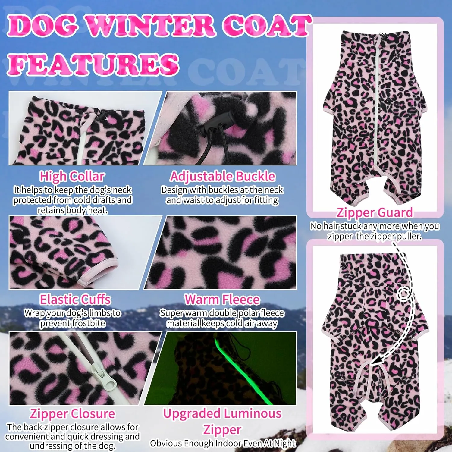 ROZKITCH Dog Winter Coat Soft Fleece Pullover Pajamas, Pet Windproof Warm Cold Weather Jacket Vest with Luminous Zipper, Jumpsuit Apparel Outfit Clothes for Small Medium Large Dog L-Pink 2XS