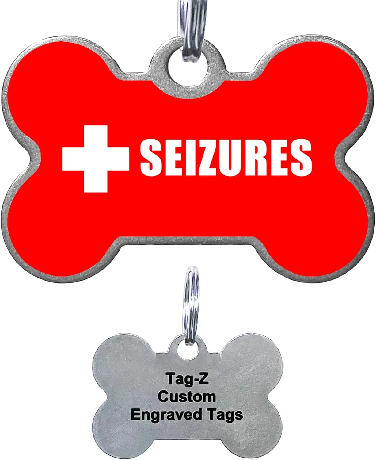 Seizures Medical Alert Pet ID Tags, Custom Printed and Laser Engraved, Stainless Steel Bone Shape Includes Split Ring and Silencer