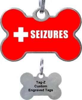 Seizures Medical Alert Pet ID Tags, Custom Printed and Laser Engraved, Stainless Steel Bone Shape Includes Split Ring and Silencer