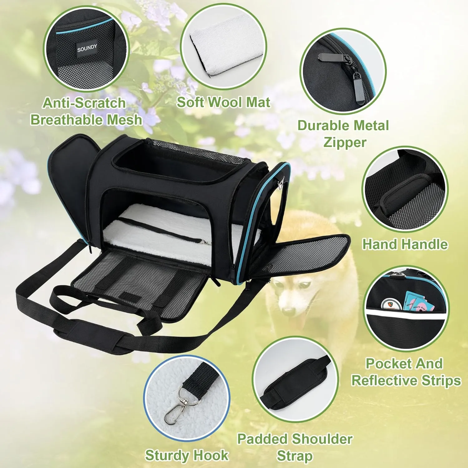 Soundy Large Cat Carrier Dog Carrier Under 25 Lbs,Collapsible Ventilated Portable Pet Bag with Soft Sided Breathable Mesh for Long Car Trips Maxi Load 2 Kittens or Small, Medium Dog (Large Black)