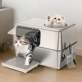 Stainless Steel Litter Box with Lid, Enclosed Metal with High Sides, Large Cat Litter Box, Dog-Proof, Odor Control, Easy to Clean,Durable with Round Edge (Lateral Entry)