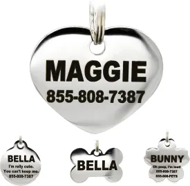 Stainless Steel Pet ID Tags - Engraved Personalized Dog Tags, Cat Tags Front & Back up to 8 Lines of Text  Bone, Round, Heart, Flower, Badge, House, Star, Rectangle, Bow Tie