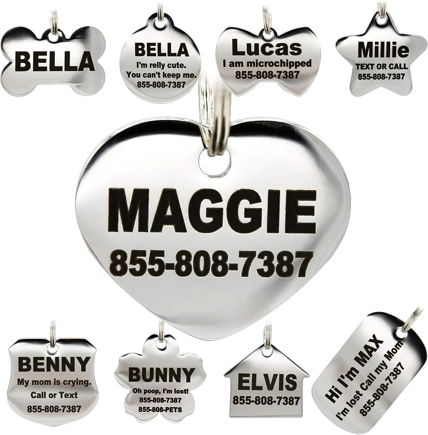 Stainless Steel Pet ID Tags - Engraved Personalized Dog Tags, Cat Tags Front & Back up to 8 Lines of Text  Bone, Round, Heart, Flower, Badge, House, Star, Rectangle, Bow Tie