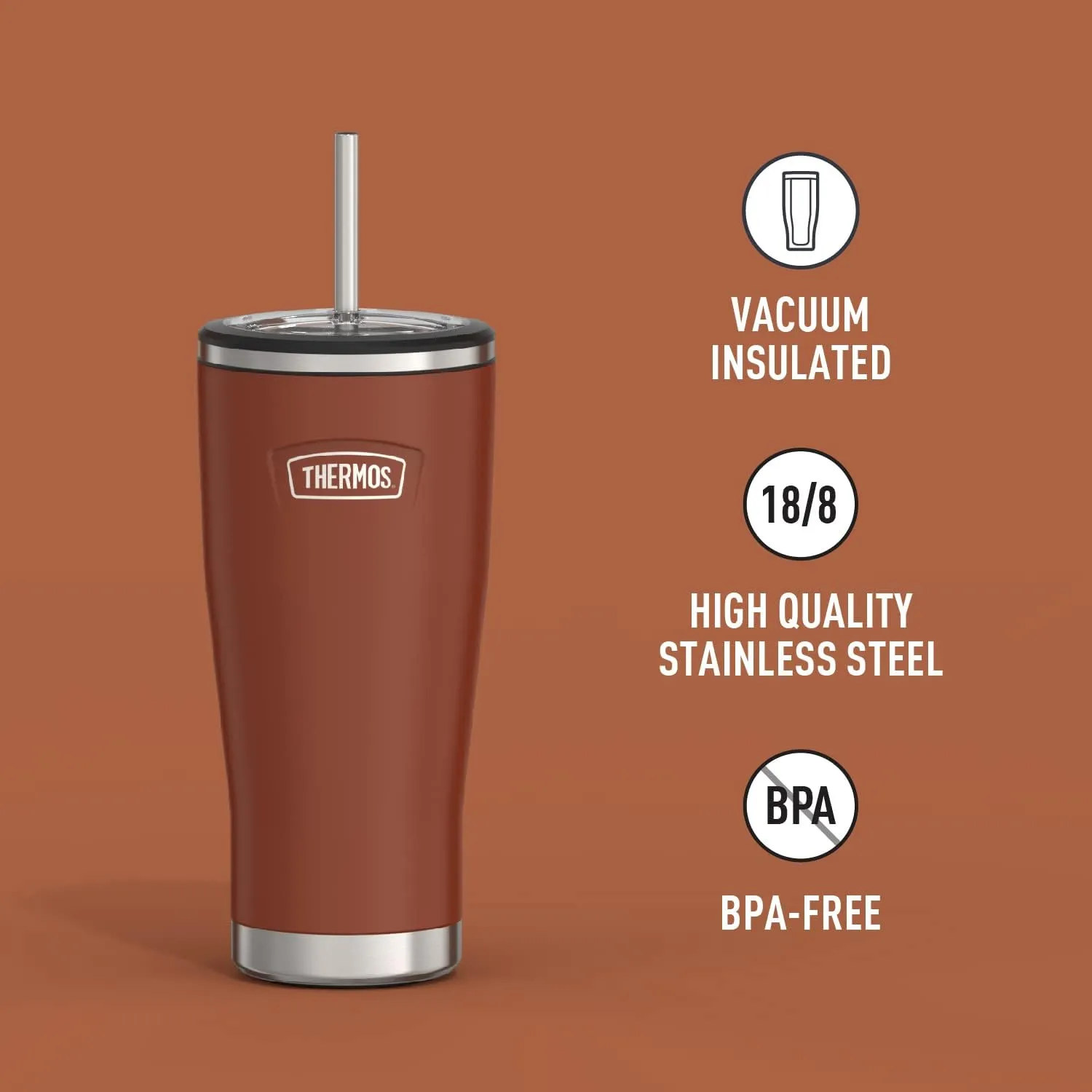 THERMOS ICON SERIES, Stainless Steel Cold Tumbler with Straw, 24 Ounce, Saddle