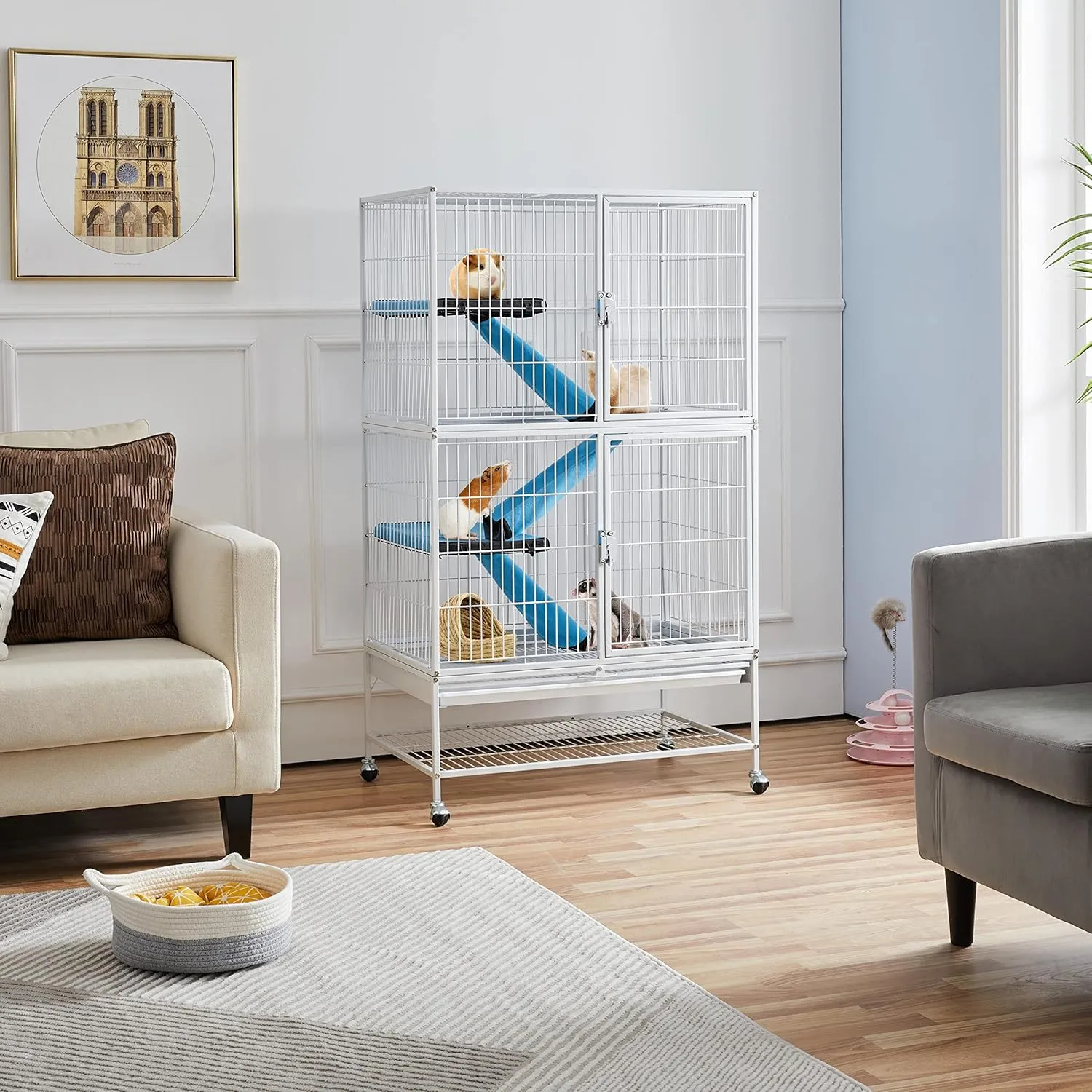 Topeakmart Small Animals Cages Ferret/Guinea Pigs/Chinchilla/Rabbit Cages 2-Story Rolling Metal Critter Nation w/ 2 Removable Ramps &Litter Box, Hammock White