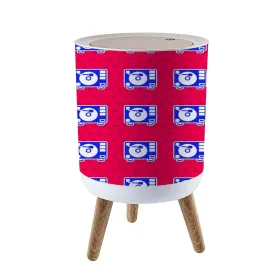 Trash Can with Lid Blue Vinyl Player Vinyl Disk Seamless Pattern red Press Top Round Small Garbage Bin with Wooden Legs Waste Basket for Kitchen Bedroom Nursery 7L/1.8 Gallon