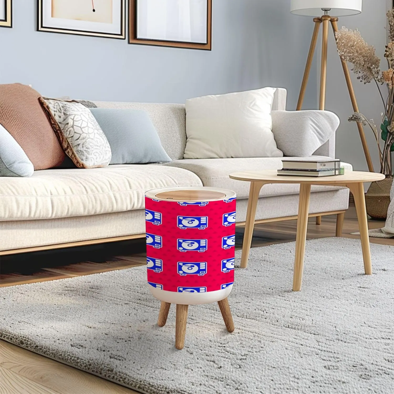 Trash Can with Lid Blue Vinyl Player Vinyl Disk Seamless Pattern red Press Top Round Small Garbage Bin with Wooden Legs Waste Basket for Kitchen Bedroom Nursery 7L/1.8 Gallon