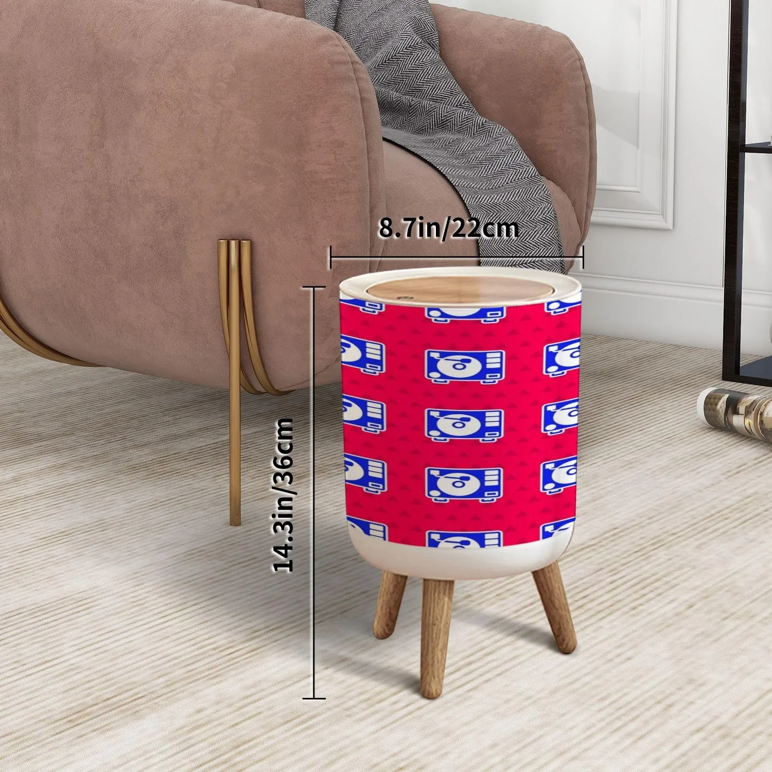 Trash Can with Lid Blue Vinyl Player Vinyl Disk Seamless Pattern red Press Top Round Small Garbage Bin with Wooden Legs Waste Basket for Kitchen Bedroom Nursery 7L/1.8 Gallon