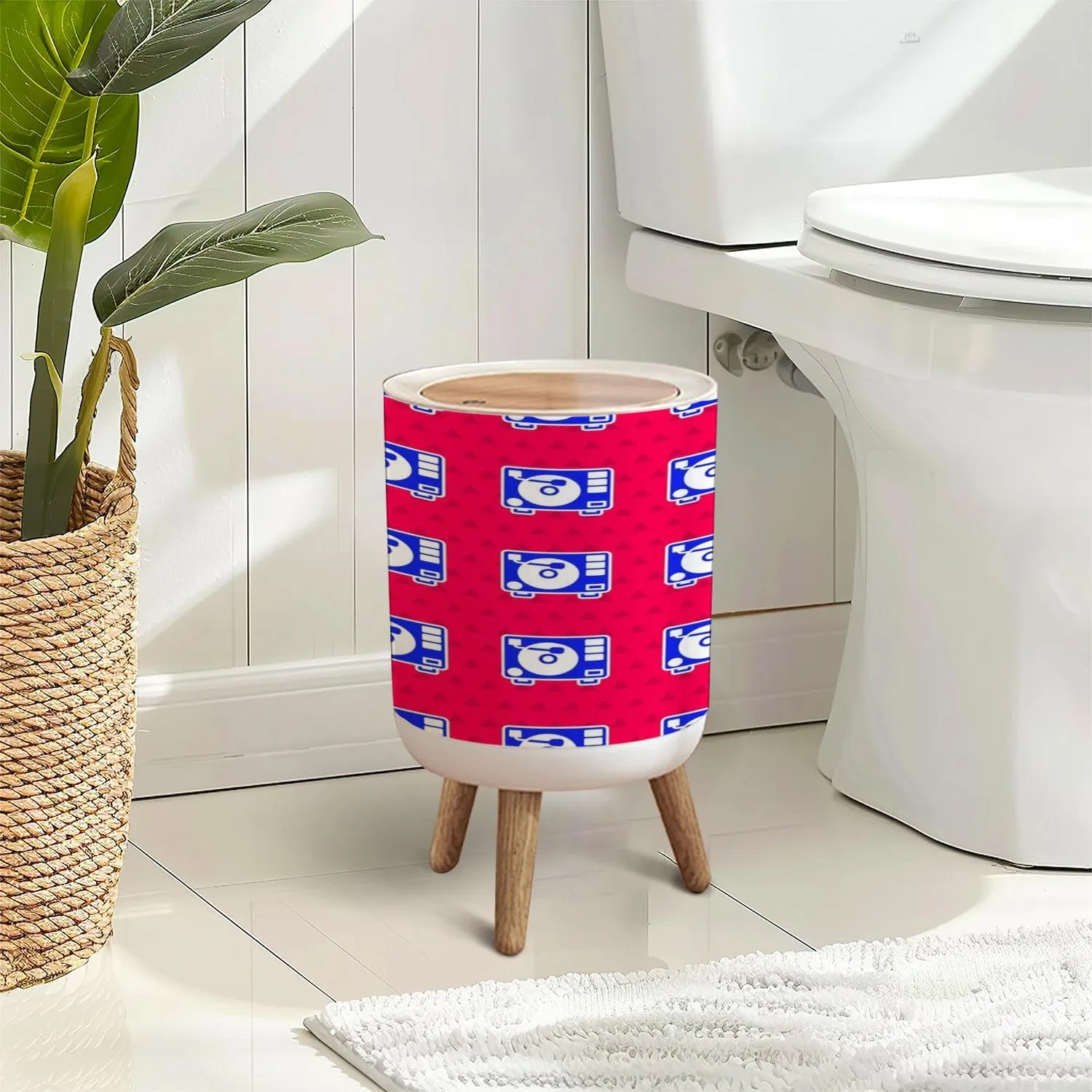 Trash Can with Lid Blue Vinyl Player Vinyl Disk Seamless Pattern red Press Top Round Small Garbage Bin with Wooden Legs Waste Basket for Kitchen Bedroom Nursery 7L/1.8 Gallon