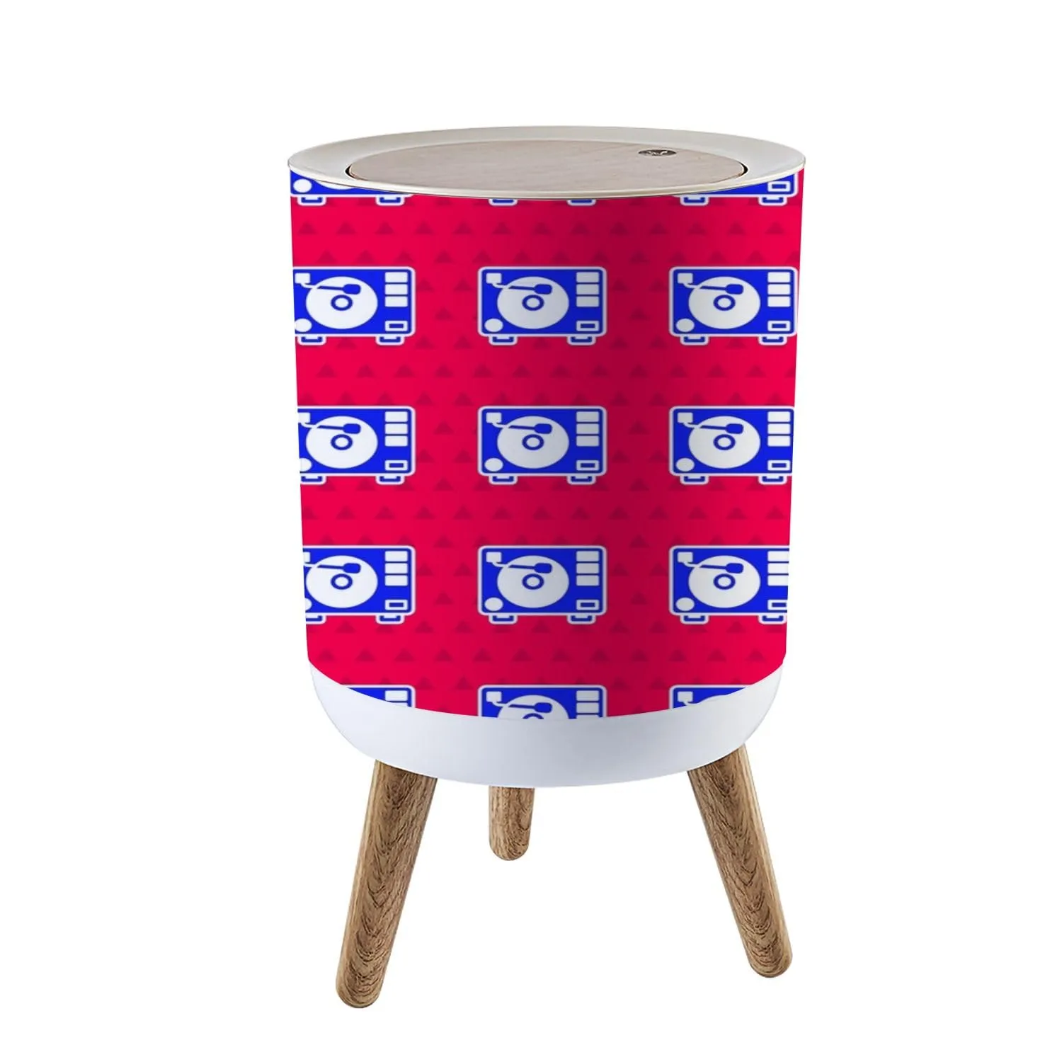 Trash Can with Lid Blue Vinyl Player Vinyl Disk Seamless Pattern red Press Top Round Small Garbage Bin with Wooden Legs Waste Basket for Kitchen Bedroom Nursery 7L/1.8 Gallon