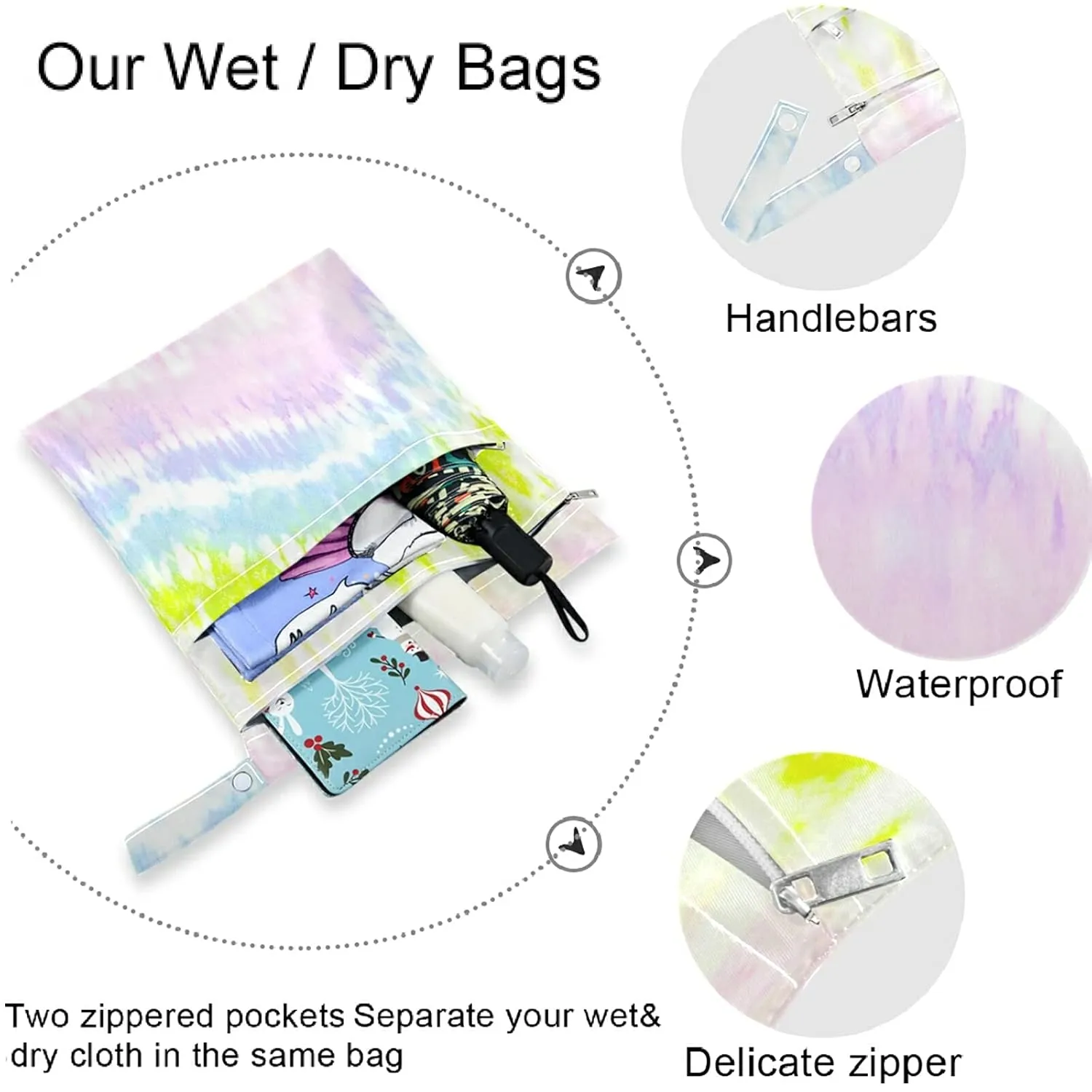 visesunny Rainbow Ink Tie Dye 2Pcs Wet Bag with Zippered Pockets Washable Reusable Roomy Diaper Bag for Travel,Beach,Daycare,Stroller,Diapers,Dirty Gym Clothes,Wet Swimsuits,Toiletries
