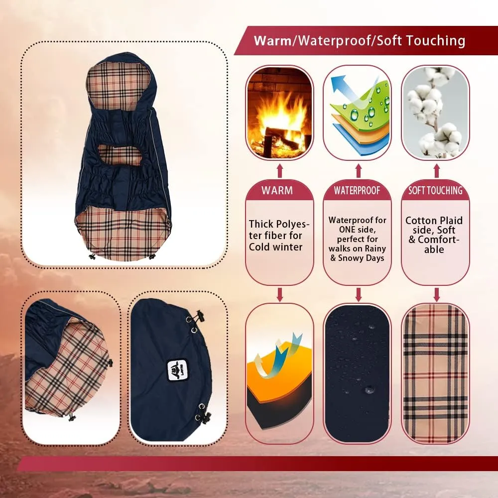 Waterproof Dog Raincoat with Reflective Strips, Reversible Plaid & Solid Color, Adjustable Size XS-XXXL, Yellow, Red, Navy Blue