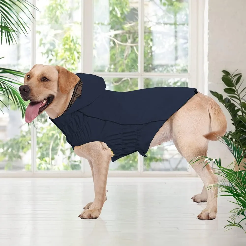 Waterproof Dog Raincoat with Reflective Strips, Reversible Plaid & Solid Color, Adjustable Size XS-XXXL, Yellow, Red, Navy Blue