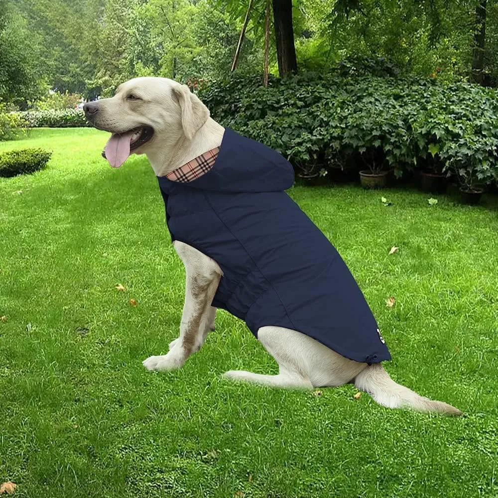 Waterproof Dog Raincoat with Reflective Strips, Reversible Plaid & Solid Color, Adjustable Size XS-XXXL, Yellow, Red, Navy Blue